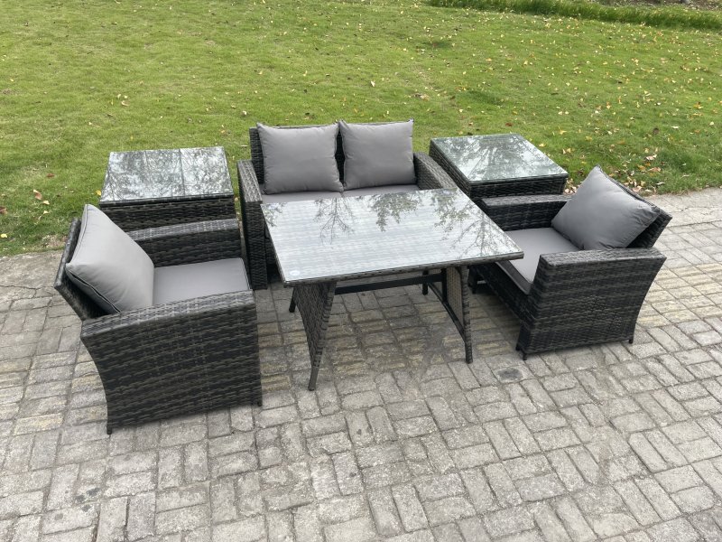 Fimous Outdoor Garden Furniture High Back Rattan Sofa Dining Table Set with 2 Side Tables Dark Grey Mixed