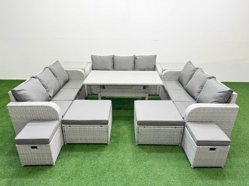 Fimous PE Rattan Lounge Sofa Set 10 Seater Outdoor Garden Furniture Set with Dining Table 3 Seater Sofa 2 Big Footstools 2 Side Tables Light Grey