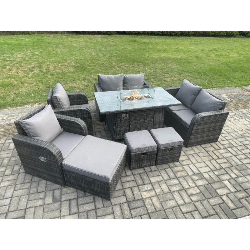 Fimous 9 Seater Rattan Garden Furniture Set Propane Gas Fire Pit Table and Sofa Chair set with 3 Footstool