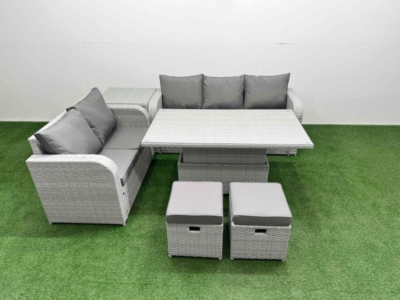 Fimous 7 Seater PE Rattan Wicker Garden Furniture Patio Conservatory Sofa Set with Adjustable Lifting Dining or Coffee Table 3 Seater Sofa Love Sofa 2 Stools Side Table