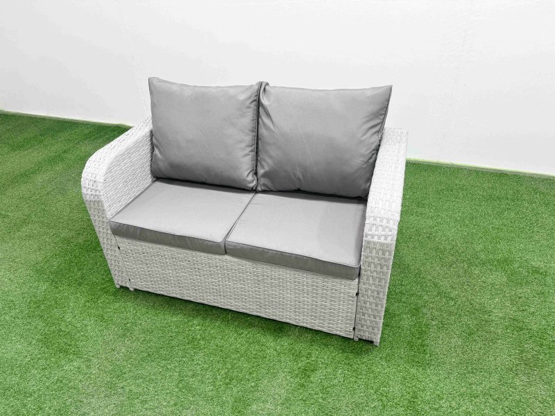 Fimous Light Grey PE Wicker Rattan Garden Furniture Set Sofa Set Reclining Adjustable Chair Oblong Coffee Table 6 Seater 2 Small Stools 2 Side Table