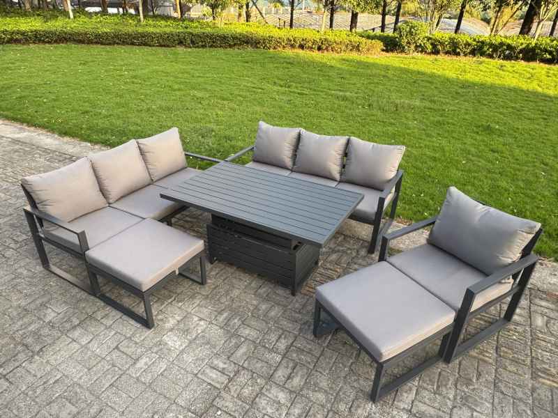 Fimous Aluminium Garden Furniture Sets,9 Seater Outdoor Sofa Dining Set with Adjustable Rising Lifting Dining Table 2 Side Tables 2 Small Footstools for Yard,Poolside, Patio, Dark Grey