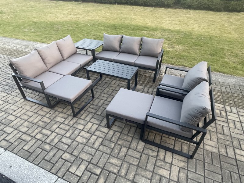 Fimous Aluminium Outdoor Garden Furniture Lounge Sofa 2 PC Chairs Oblong Coffee Table Sets with Side Table 2 Big Footstool Dark Grey