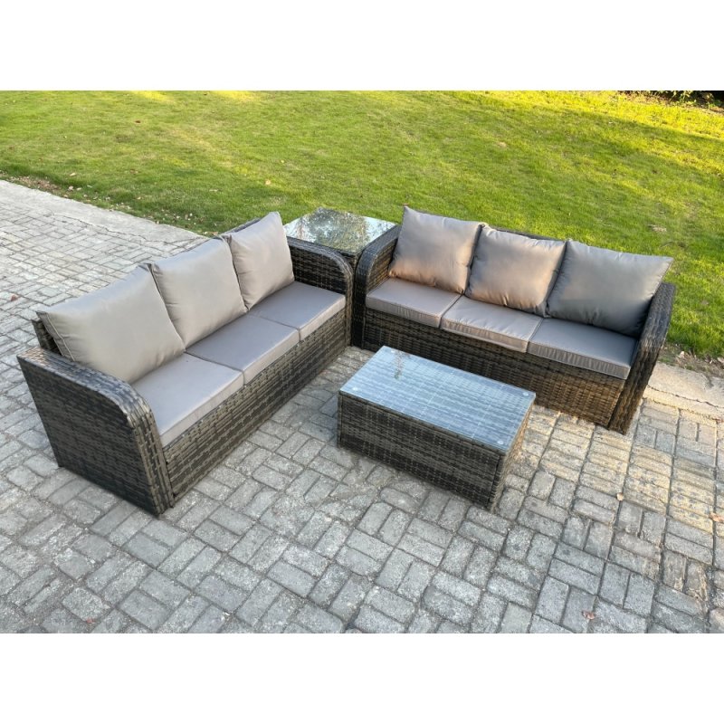Fimous Outdoor Garden Furniture Sets 6 Seater Wicker Rattan Furniture Sofa Sets with Rectangular Coffee Table 3 Seater Sofa Side Table