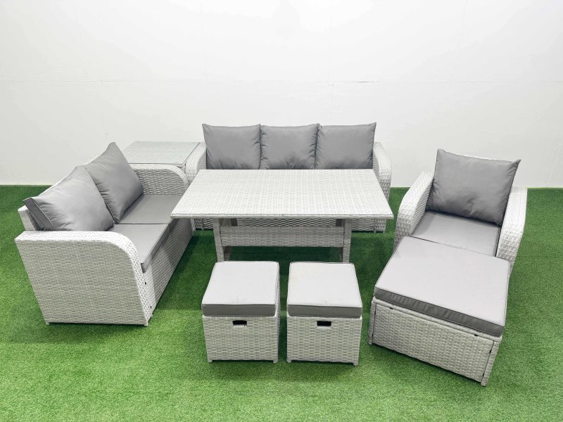 Fimous Patio PE Wicker 9 Seater Outdoor Rattan Furniture Sofa Sets with Rectangular Dining Table Reclining Chair Loveseat Sofa 3 Seater Sofa Stool Side Table Light Grey
