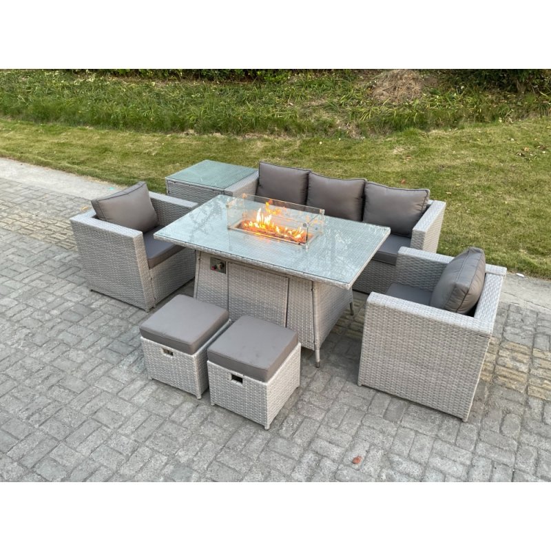 Fimous Rattan Garden Furniture Set Gas Fire Pit Lounge Sofa Chair Dining Set With Side Table And 2 PC Arm Chair Stools
