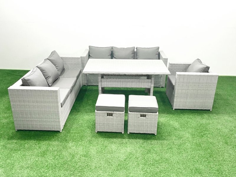 Fimous 6 Pieces Outdoor Rattan Sofa Set with Cushions Patio Garden Furniture Sets with Armchair Dining Table 2 Small Footstools