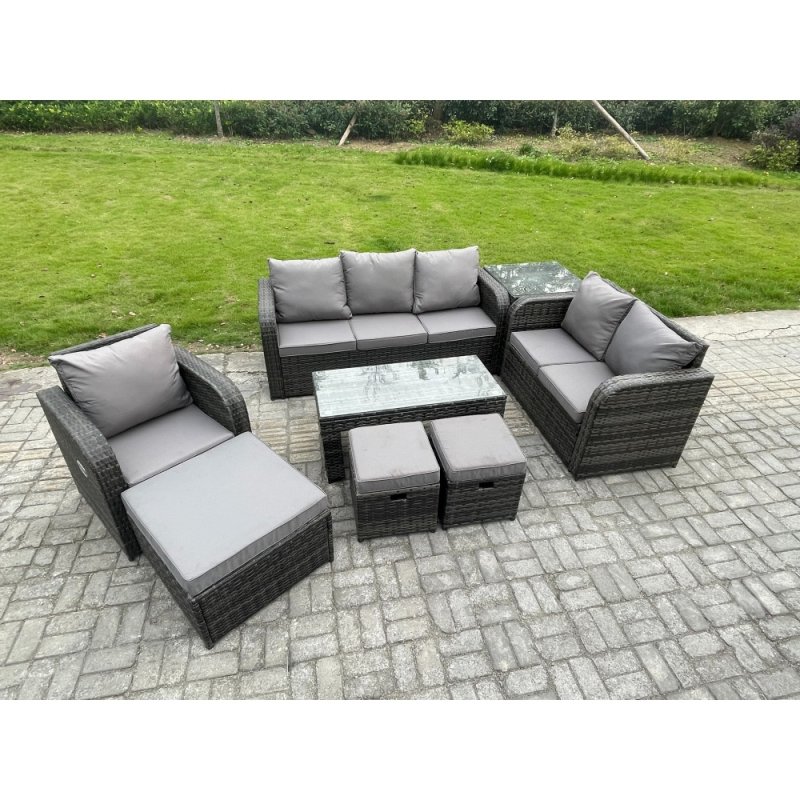 Fimous 9 Seater High Back Rattan Garden Furniture Set with Loveseat Sofa Rectangular Coffee Table Side Table 3 Footstools Indoor Outdoor Patio Lounge Sofa Set Dark Grey Mixed