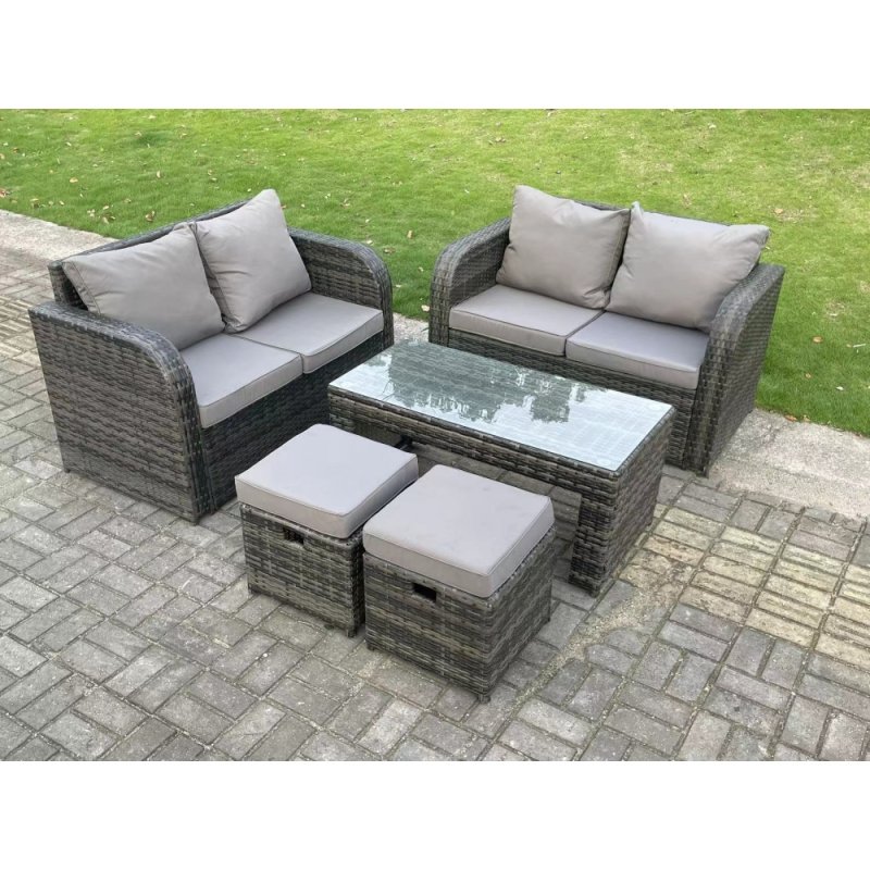 Fimous Dark Grey PE Wicker Rattan Garden Furniture Set Love Sofa 2 Seater Sofa Set Outdoor Rectangular Coffee Table 6 Seater