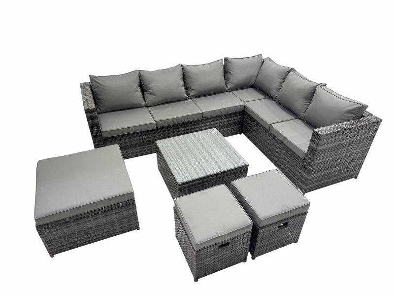 Fimous Outdoor PE Rattan Garden Furniture Sofa Set with Square Coffee Table 3 Stools Dark Grey