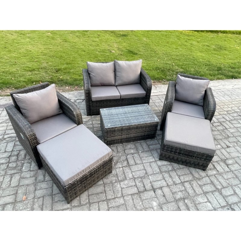 Fimous 6 Seater Garden Furniture Set Rattan Outdoor Lounge Sofa Chair With Tempered Glass Table 2 Big Footstool Dark Grey Mixed