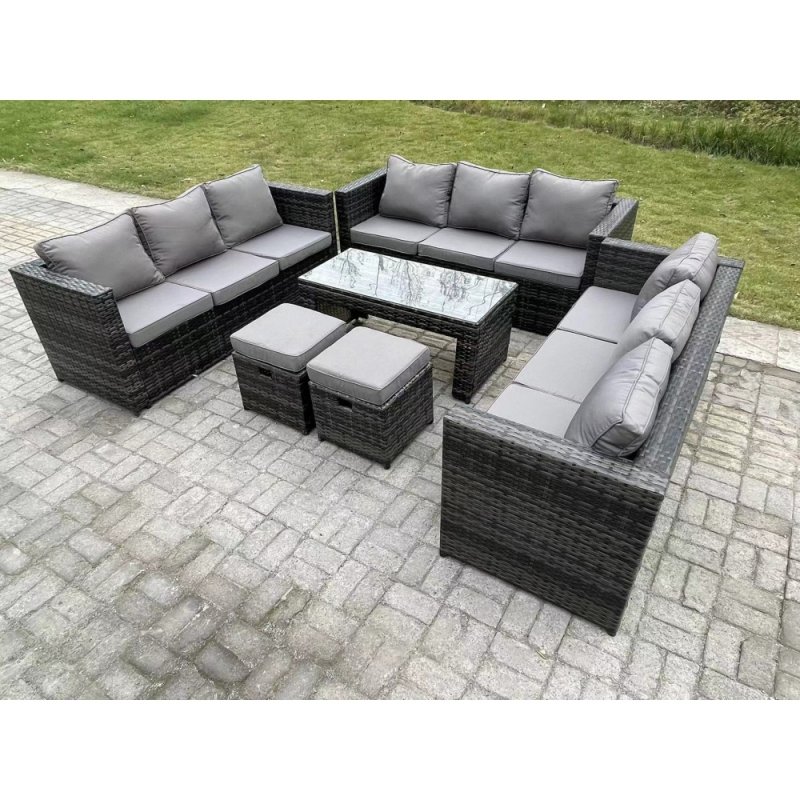 Fimous Outdoor Rattan Garden Furniture Lounge Sofa Set With Oblong Rectagular Coffee Table 2 Stools