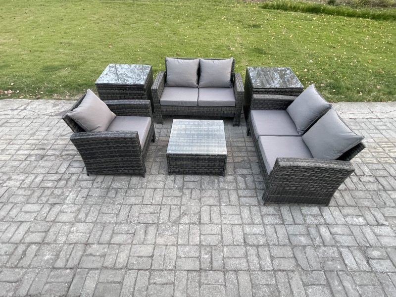 Fimous Outdoor Rattan Garden Furniture Set Conservatory Patio Sofa Coffee Table Set with Chair 2 Side Tables Dark Grey Mixed