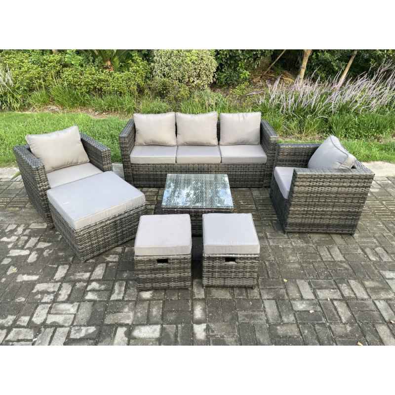 Fimous Wicker Rattan Garden Furniture Sofa Set with Armchair Square Coffee Table 3 Footstools Dark Grey Mixed