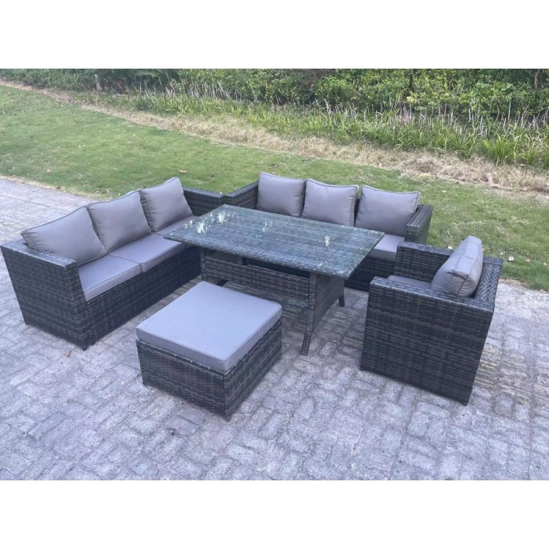 Fimous 8 Seater Outdoor Lounge Sofa Garden Furniture Set Patio Rattan Rectangular Dining Table Chair with Big Footstool Dark Grey Mixed