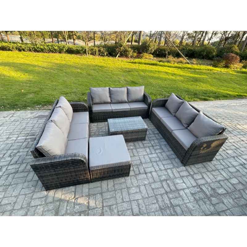 Fimous Rattan Lounge Sofa Set 10 Seater Outdoor Garden Furniture Set with Rectangular Coffee Table 3 Seater Sofa Big Footstool Dark Grey Mixed