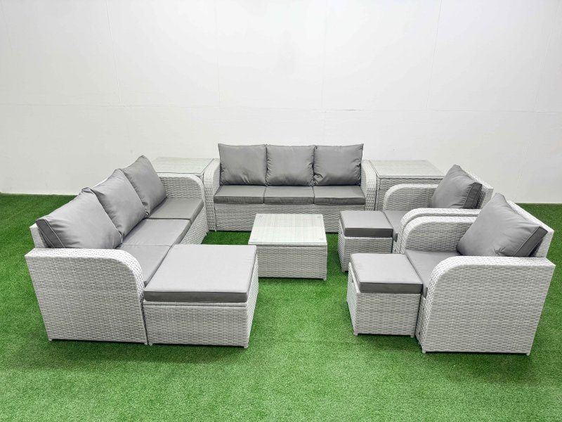 Fimous PE Rattan High Back Lounge Sofa Set Patio Square Coffee Table & Chairs Set with 3 Seater Sofa Reclining Chair 3 Stools 2 Side Table Light Grey
