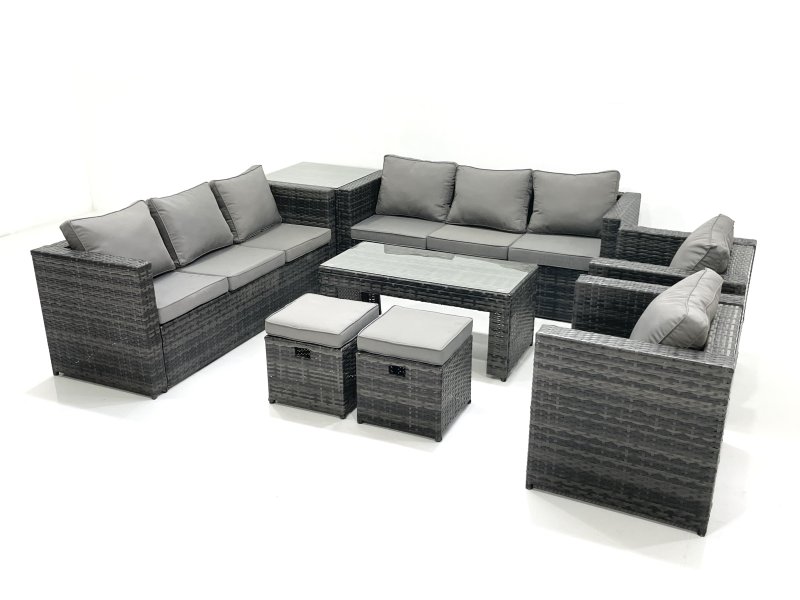 Fimous Rattan Garden Furniture Sofa Set with Coffee table Armchair Side Table 2 Small Footstools Dark Grey Mixed