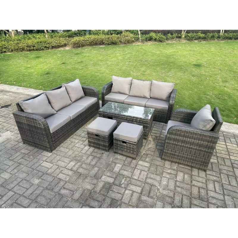 Fimous 9 Seater Dark Grey PE Wicker Rattan Garden Furniture Set Reclining Chair Lounge 3 Seater Sofa Set Outdoor Rectangular Coffee Table Stools