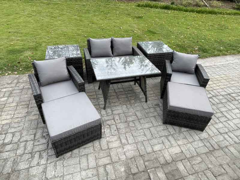 Fimous Rattan Wicker Garden Furniture 6 Seater Patio Conservatory Sofa Set with Rectangular Dining Table Armchair 2 Seater Sofa 2 Big Footstool 2 Side Tables