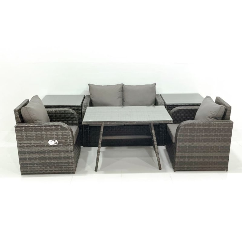 Fimous Outdoor Garden Furniture Set Rattan Sofa Dining Table Set with Reclining Chair 2 Side Tables Dark Grey Mixed