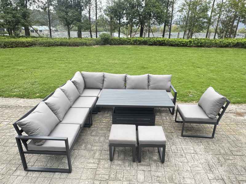 Fimous 7 Pieces Aluminium Garden Furniture Set with Cushions, Patio Furniture Set with Adjustable Rising Lifting Dining Table Dark Grey