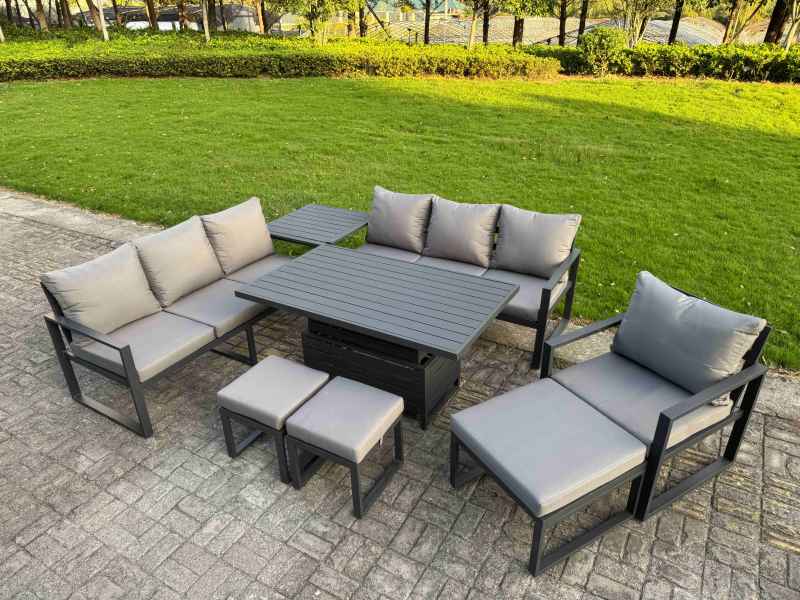 Fimous Garden Aluminium Furniture Set Dark Grey 10 Seater Outdoor Patio Adjustable Rising Lifting Dining Table with 3 Footstools Dark Grey