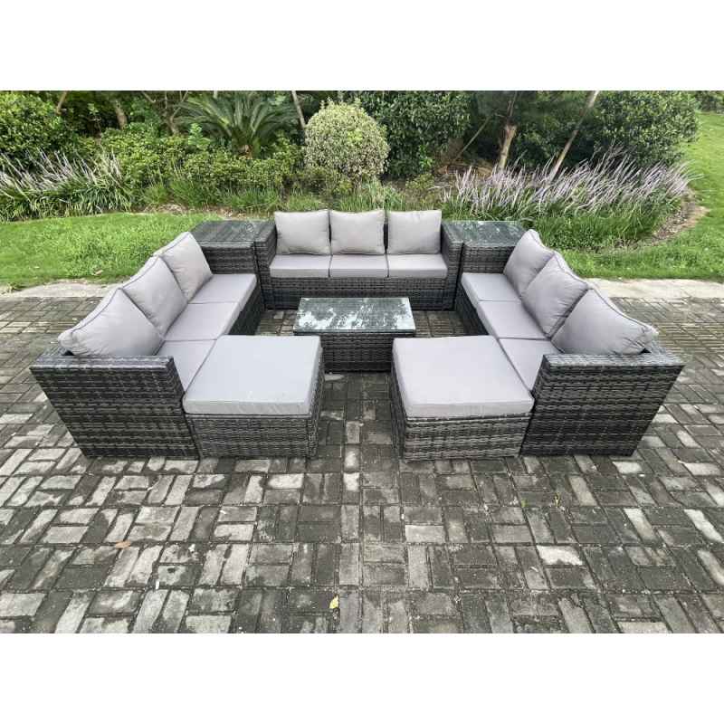 Fimous Outdoor Lounge Sofa Set Wicker PE Rattan Garden Furniture Set with Oblong Coffee Table 2 Side Tables 2 Big Footstool 11Seater Dark Grey Mixed