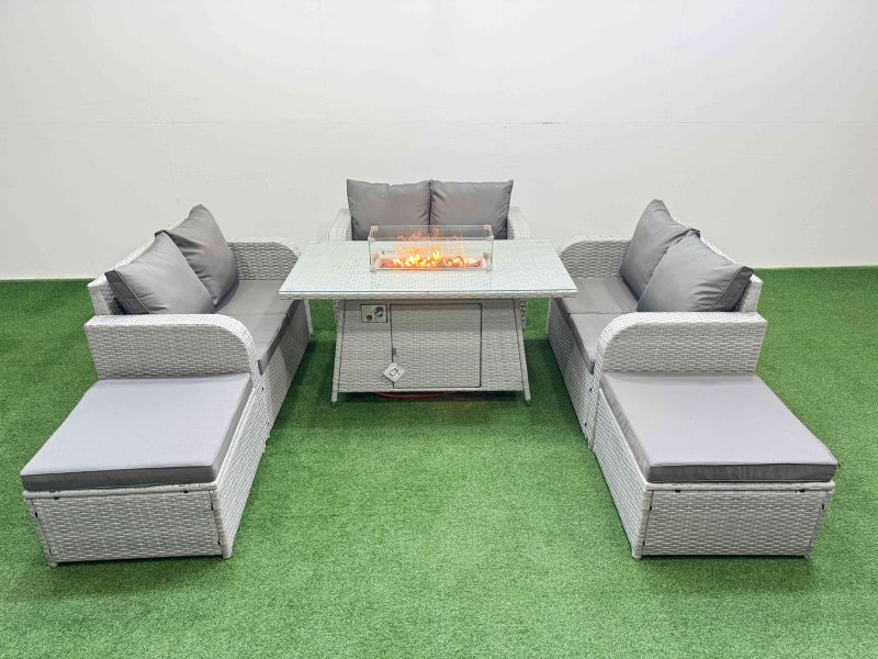 Fimous 8 Seater PE Wicker Rattan Furniture Sofa Sets with Firepit Dining Table 2 Seater Love Sofa 2 Big Footstool Light Grey