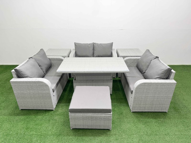 Fimous 7 Seater PE Wicker Rattan Furniture Sofa Sets with Adjustable Lifting Dining or Coffee Table 2 Seater Love Sofa Big Footstool 2 Side Table Light Grey