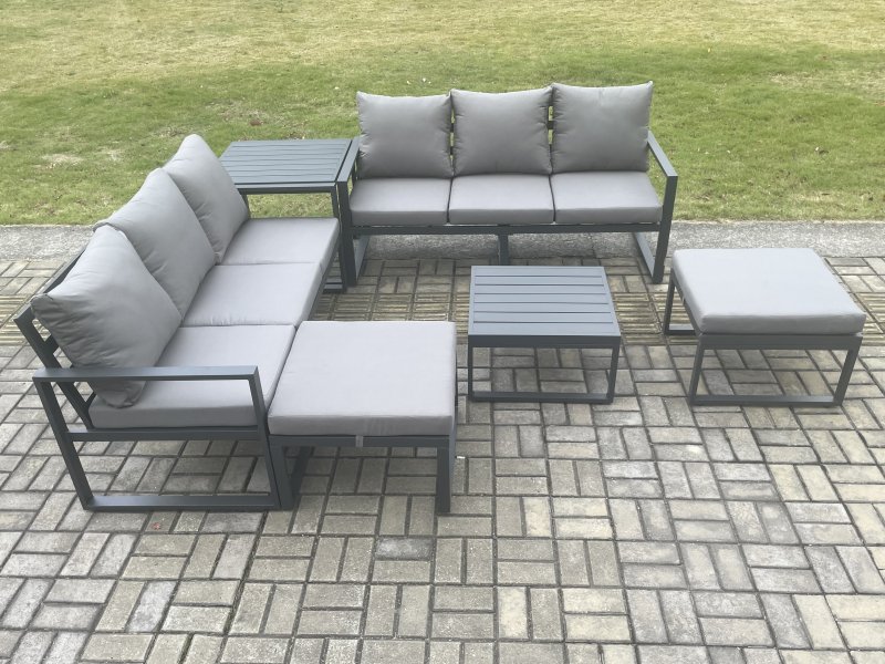 Fimous Aluminium 6 Pieces Garden Furniture Sofa Set with Cushions 8 Seater Outdoor Patio Set with Square Coffee Table Side Table 2 Big Footstools Dark Grey