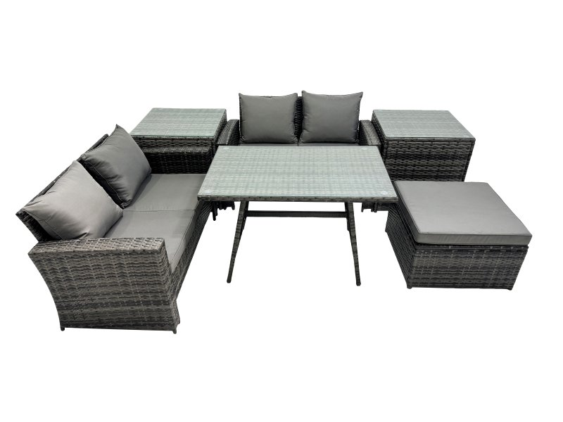 Fimous 5 Seater Wicker PE Rattan Furniture Outdoor Dining Table Double Seat Sofa Big Stool 2 Side Table Set Dark Grey Mixed