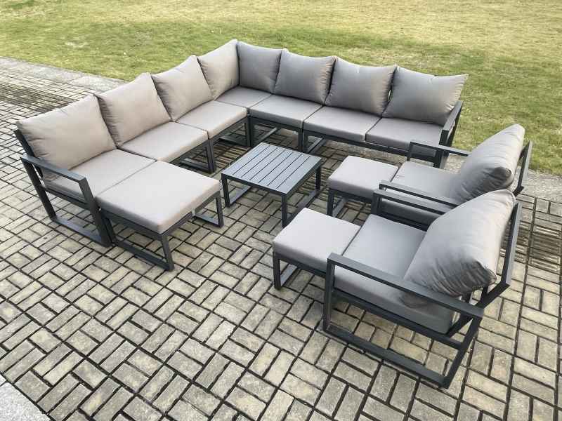 Fimous Aluminium Outdoor Garden Furniture Set Lounge Corner Sofa Square Coffee Table 2 Pcs Chair Sets with 3 Footstools Dark Grey