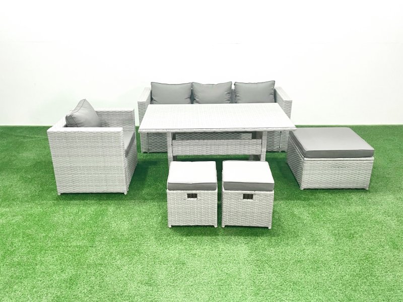 Fimous Garden Dining Set Outdoor Rattan Furniture Set with Sofa Dining Table 3 Footstools Light Grey Mixed