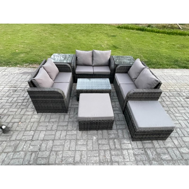 Fimous Wicker PE Rattan Garden Furniture Set 8 Seater Outdoor Lounge Sofa Set with Love Sofa Coffee Table 2 Side Tables 2 Big Footstool Dark Grey Mixed