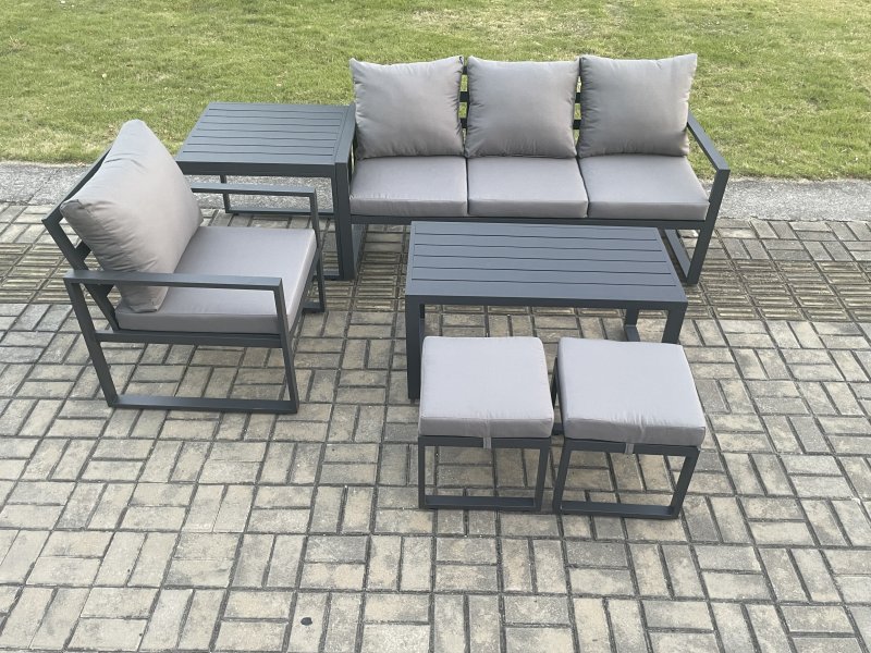 Fimous Aluminium 6 Pieces Garden Furniture Sofa Set with Cushions 6 Seater Outdoor Patio Set with Armchair 2 Small Footstools Side Table Dark Grey
