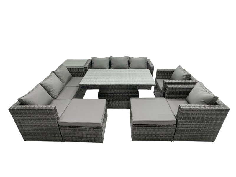 Fimous Rattan Dining Table Sofa Set with Side Table 2 Armchair 2 Stools Outdoor 10 Seat Garden Furniture Set Dark Grey Mixed