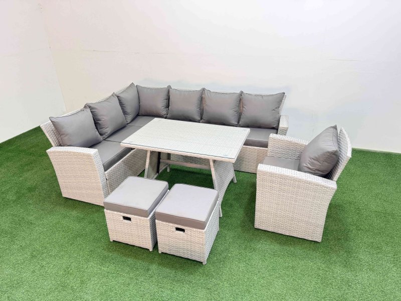 Fimous Garden Outdoor Rattan Furniture Set Rattan Corner Sofa Oblong Dining Table with Armchair Light Grey Mixed 9 Seater