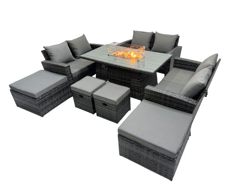 Fimous Outdoor Love Sofa Set 10 Seat Rattan Garden Furniture Set with Gas Firpit Dining Table 4 Footstools Dark Grey Mixed