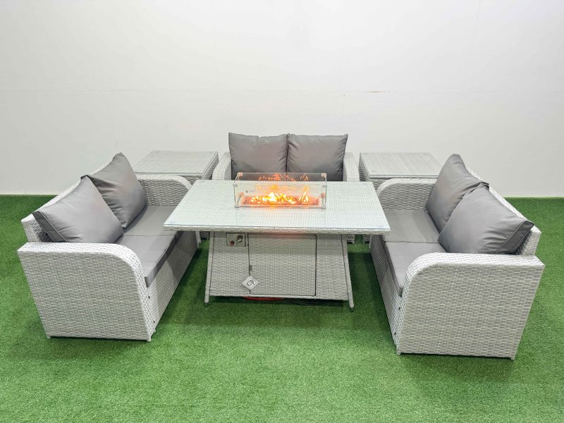 Fimous 6 Seater PE Wicker Rattan Furniture Sofa Sets with Firepit Dining Table 2 Seater Love Sofa 2 Side Table Light Grey
