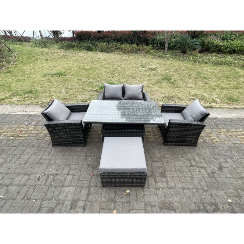 Fimous Rattan Outdoor Furniture Adjustable Rising Lifting Rectangle Dining Table Chairs Two Seater Love Sofa Sets Big Footstools 5 Seater