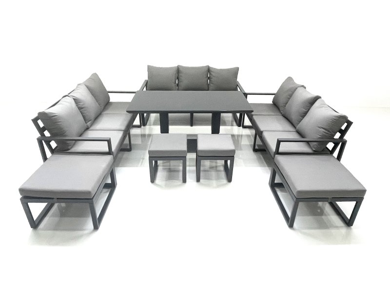 Fimous 13 Seater Garden Sofa Set Aluminium Furniture Rising Dining Tabe Set with 4 Footstools Dark Grey
