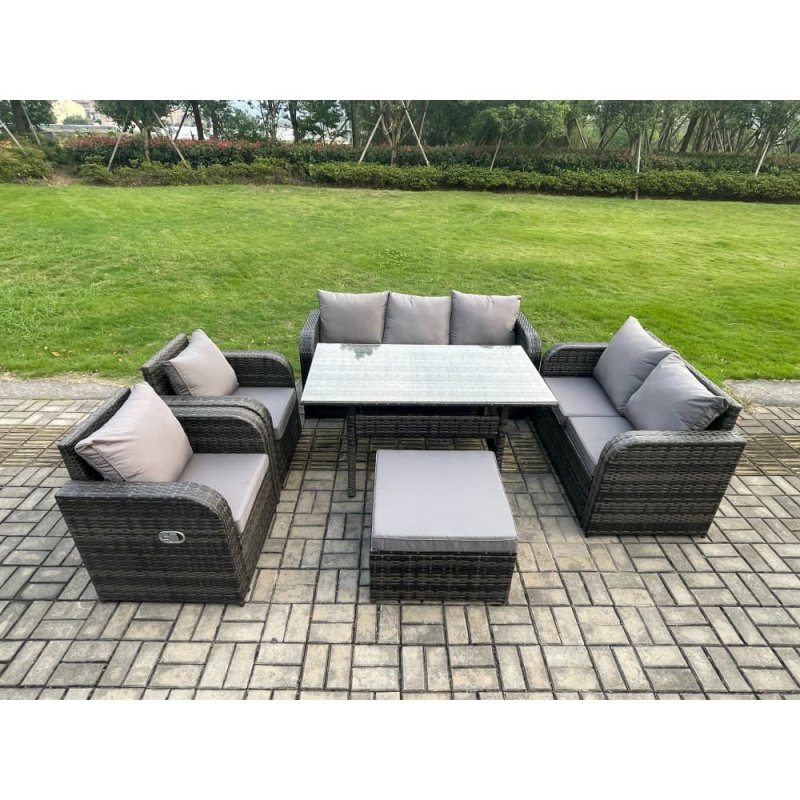 Fimous Dark Grey PE Wicker Rattan Garden Furniture Set Reclining Chair Love Sofa 2 Seater Sofa Set Outdoor Rectangular Dining Table Big Stools 8 Seater