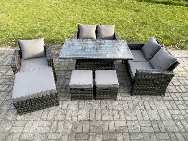 Fimous Outdoor Rattan Patio Furniture Set Garden Lounge Sofa Set with Rising Lifting Table 3 Footstools Dark Grey Mixed