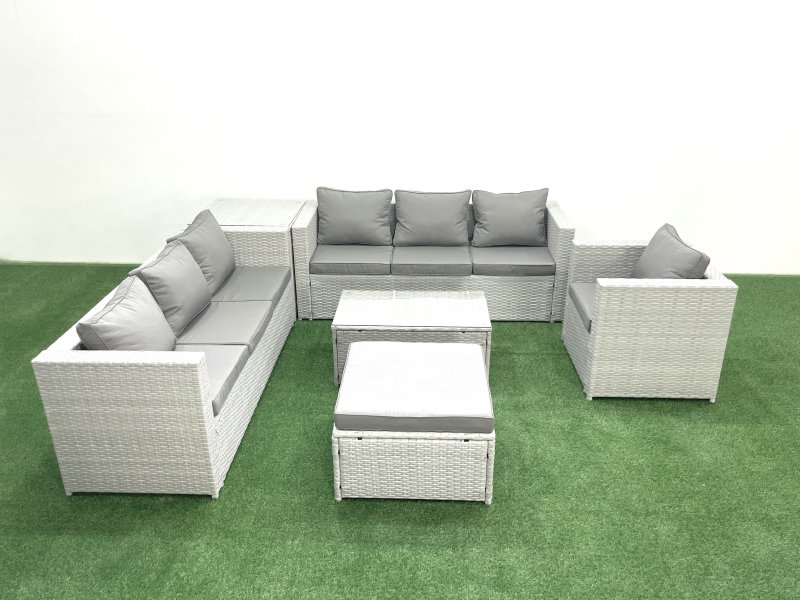 Fimous Wicker PE Rattan Sofa Garden Furniture Set with Armchair Oblong Coffee Table Big Footstool Side Table Light Grey Mixed
