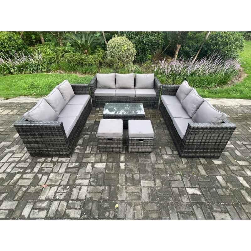 Fimous Outdoor Lounge Sofa Set Wicker PE Rattan Garden Furniture Set with Oblong Coffee Table 2 Small Footstools Dark Grey Mixed
