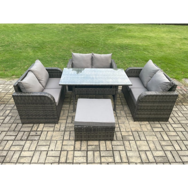 Fimous Wicker PE Rattan Sofa Outdoor Garden Furniture Set with Rectangular Dining Table Big Footstool Dark Grey Mixed