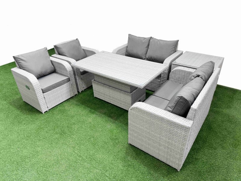 Fimous 6 Seater Outdoor Reclining Chair Love Sofa Set Rattan Garden Furniture Set with Adjustable Lifting Dining or Coffee Table Side Table Light Grey