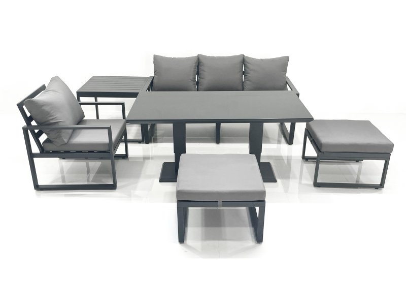 Fimous 6 Seater Garden Sofa Set Aluminium Furniture Rising Dining Tabe Set with Chair 2 Big Footstool Side Table Dark Grey