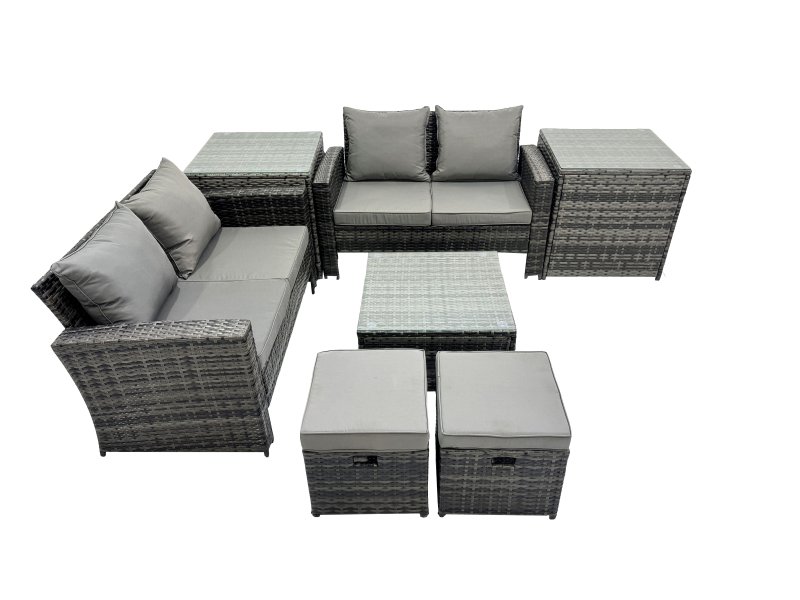Fimous PE Rattan Garden Furniture Set Lounge Double Seat Sofa Coffee Table Set with 2 Side Tables 2 Small Stools Dark Grey Mixed